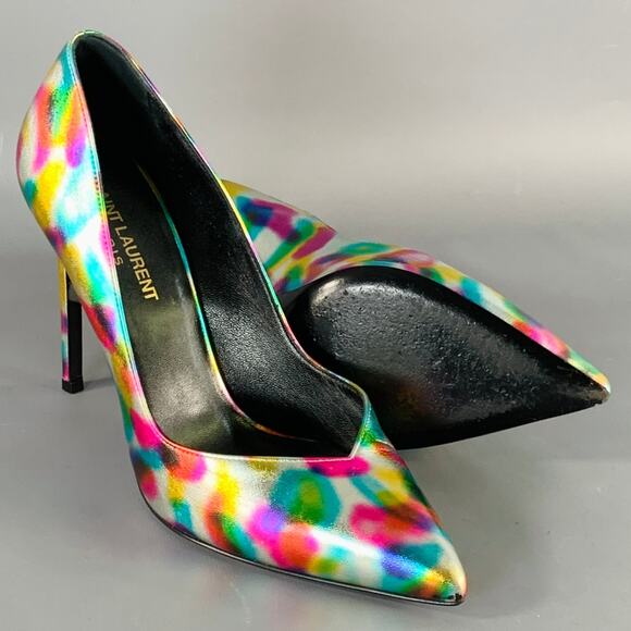 SAINT LAURENT Size 7.5 Metallic Silver Multi Color Leather Stiletto Pumps - Picture 5 of 11